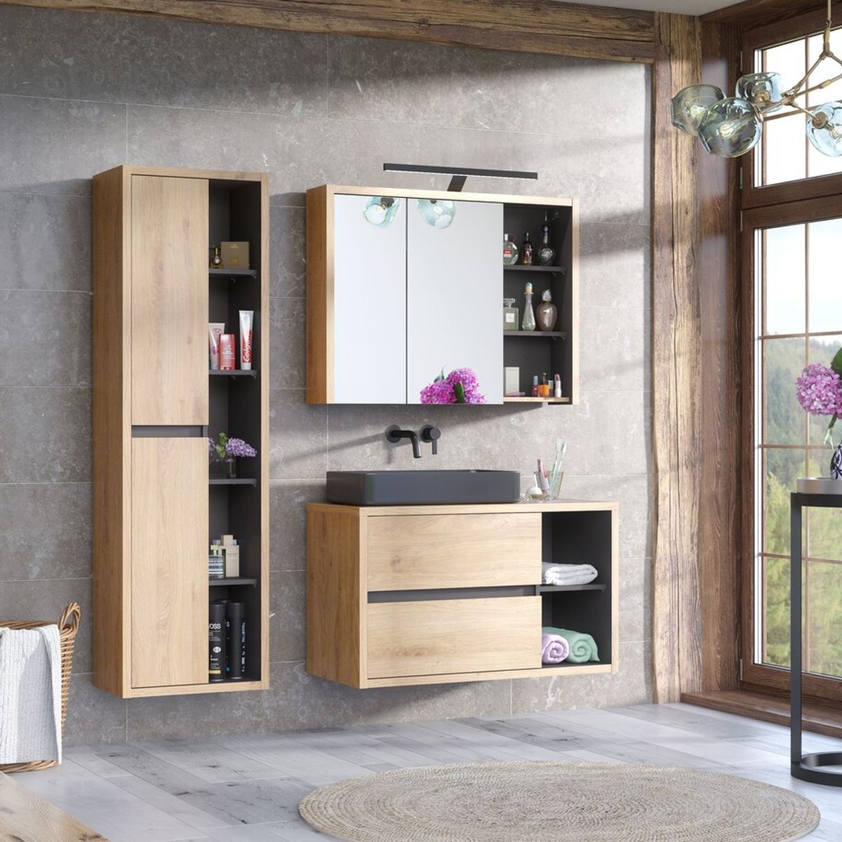 DEVON fürdőszoba bútor szett: mosdós szekrény, magas szekrény, tükörszekrény