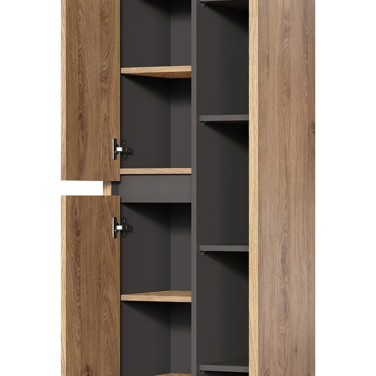 DEVON magas szekrény nyitott ajtókkal, polcos belsővel, tölgy korpusszal
