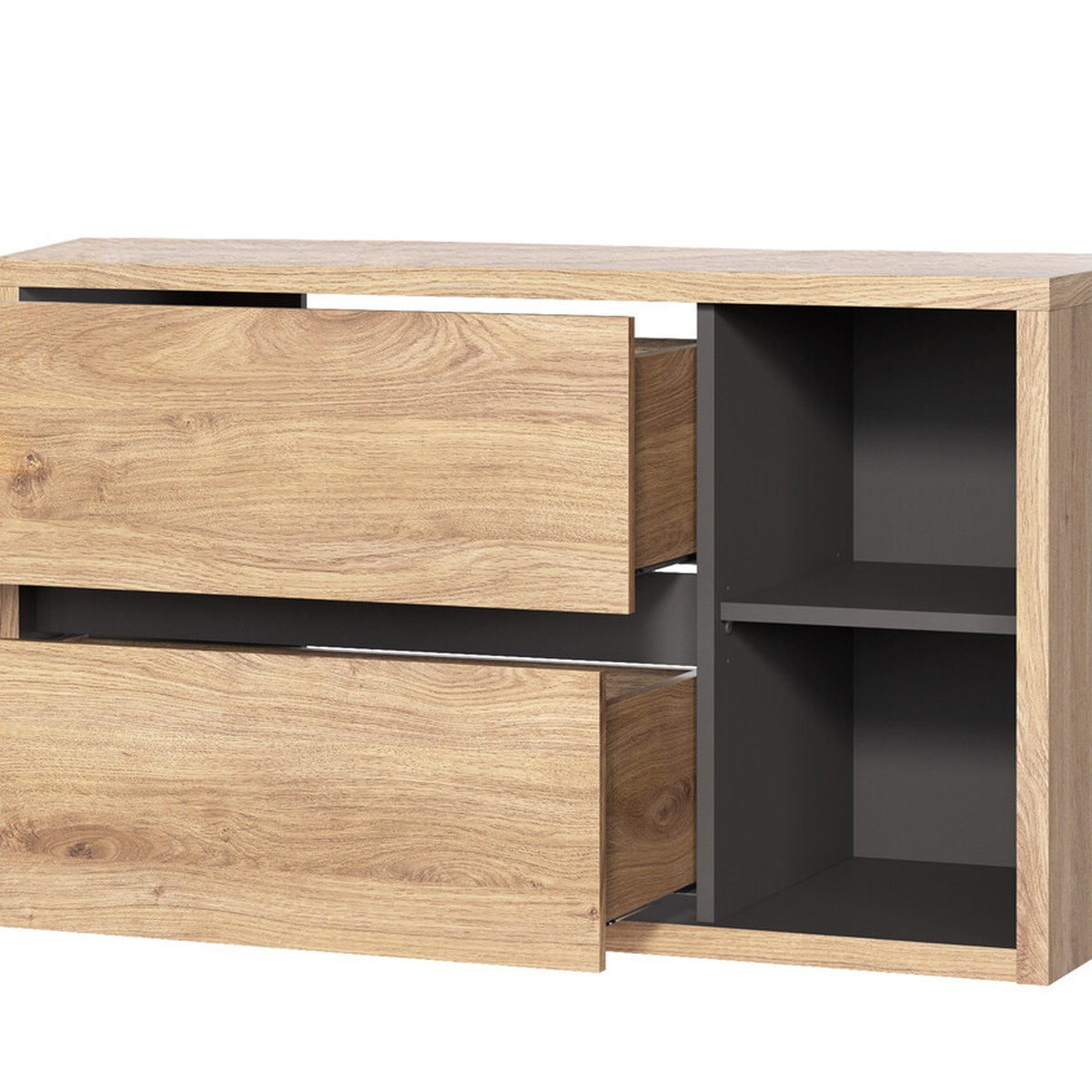 DEVON mosdós szekrény két fiókkal és nyitott polccal, tölgy és antracit szín