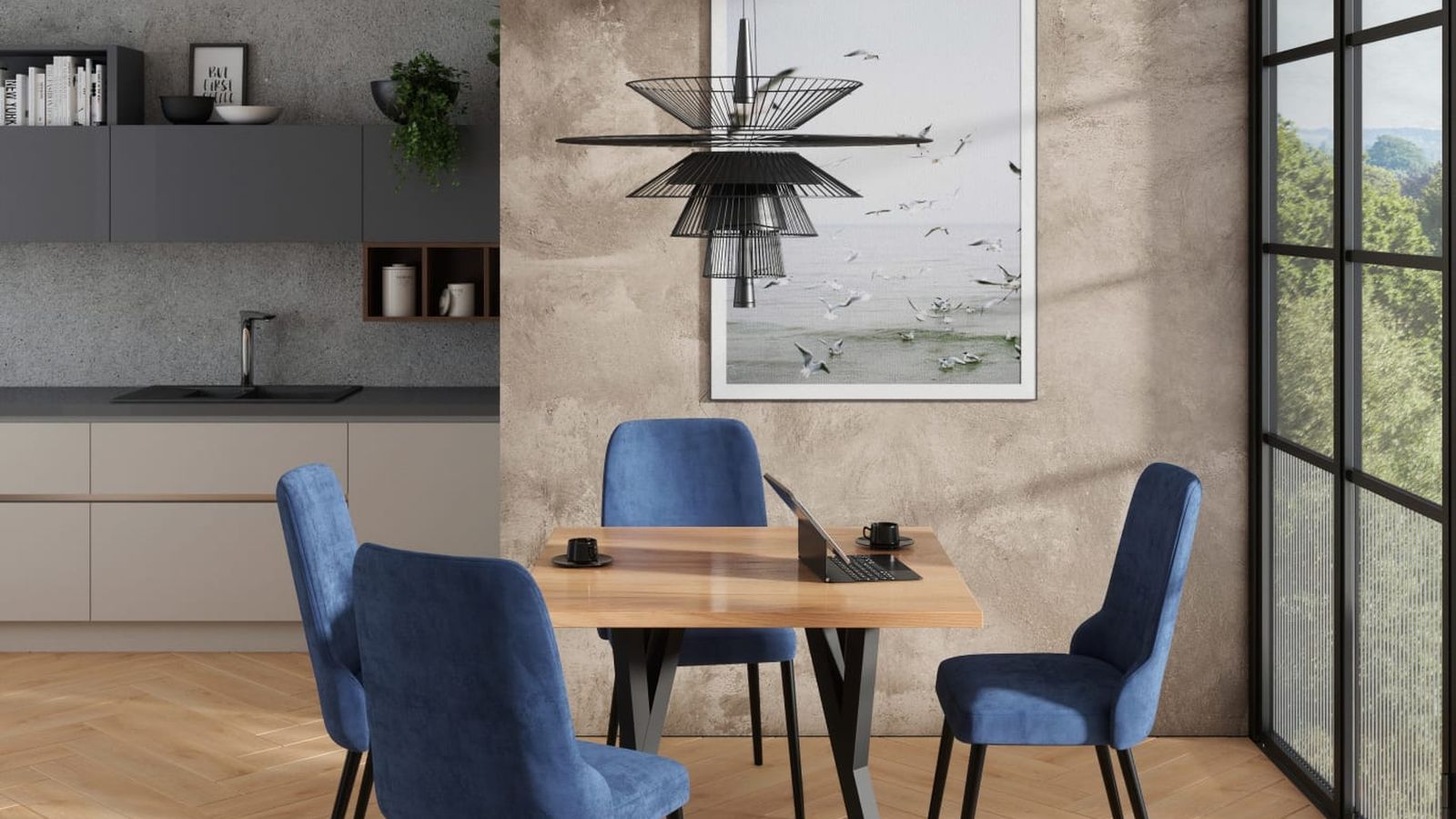 Étkező garnitúra – tengerkék székekkel és V-lábas fa asztallal