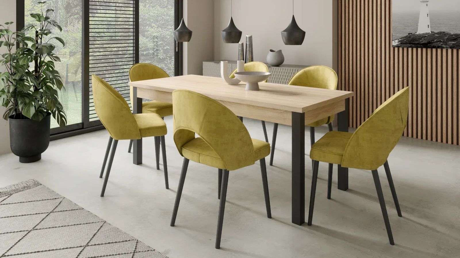 Étkező garnitúra – mustársárga kárpitozott székekkel és tölgy asztallappal