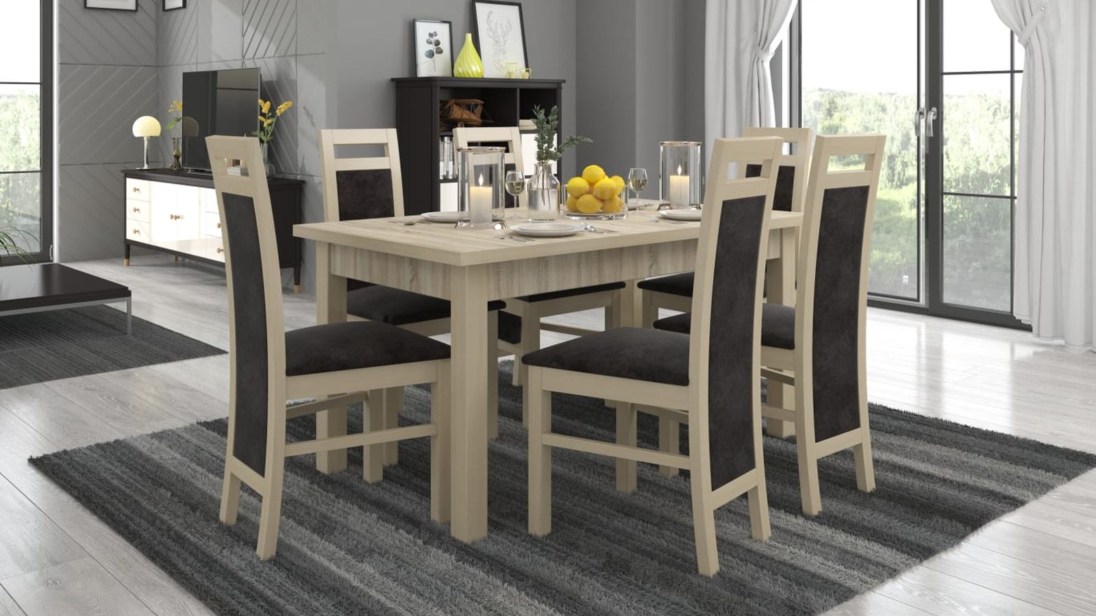 Étkező garnitúra – világos tölgy asztal sötét kárpitozott székekkel