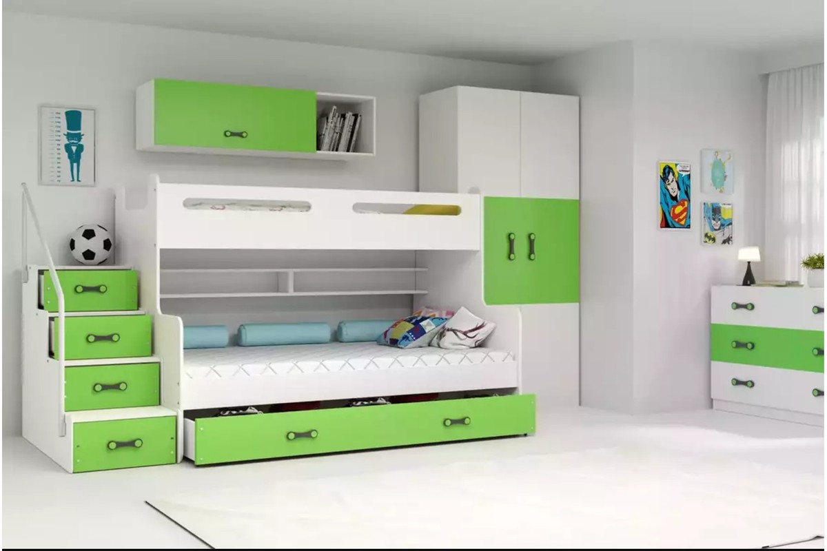 BMS MAX3 fenyő emeletes ágy fehér–zöld színben, tárolóval