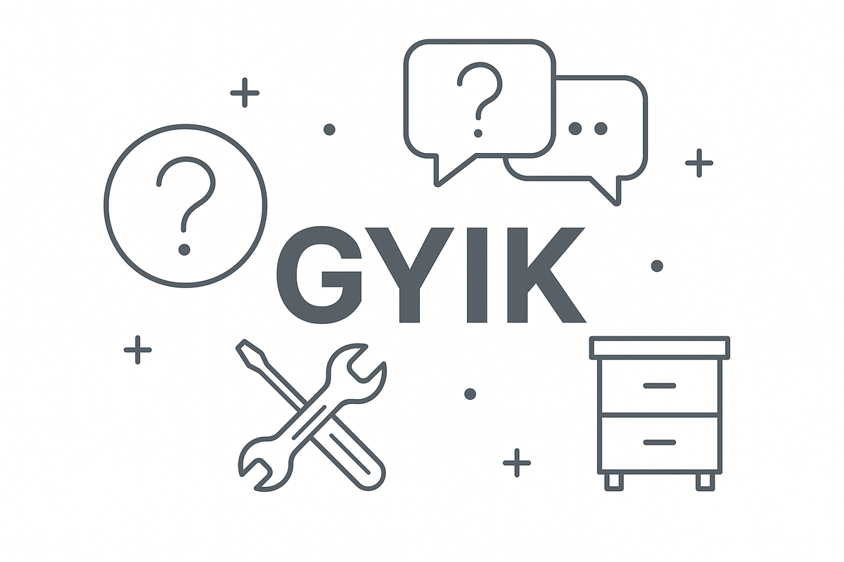 GYIK – Gyakran ismételt kérdések illusztráció: kérdőjel, beszédbuborék, szerszám ikonok és komód piktogram a bútoros témához