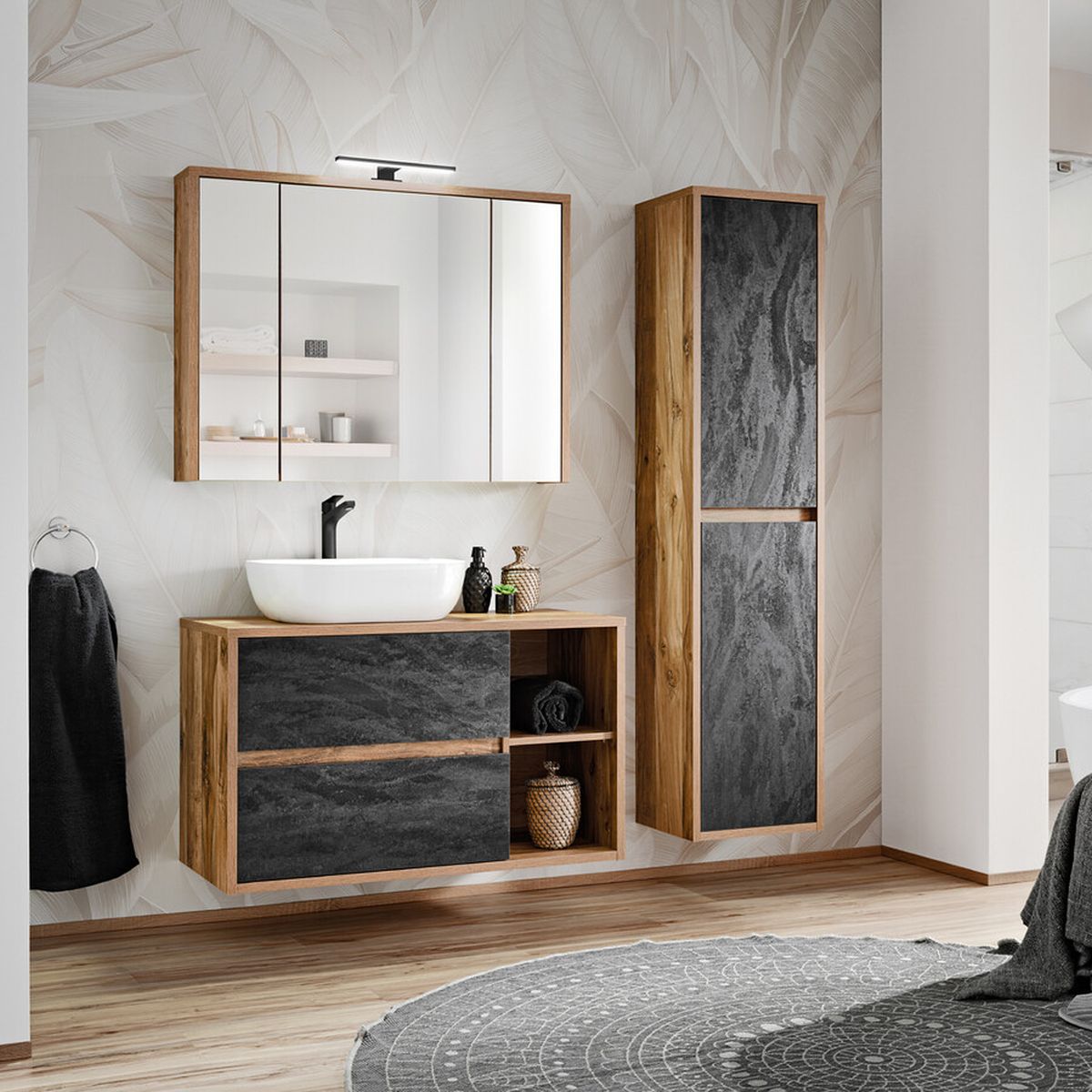 Hampton fürdőszoba bútor szett – tükörszekrénnyel, oszlop szekrénnyel