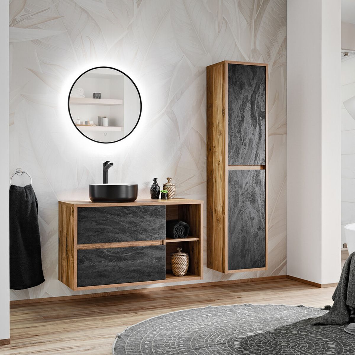 Hampton fürdőszoba bútor – kör LED tükörrel