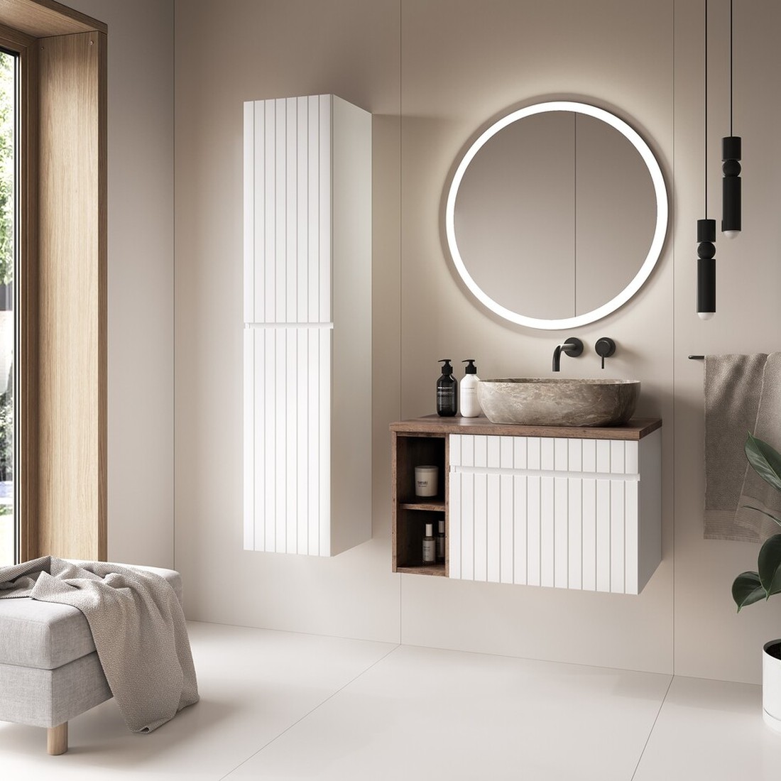 Iconic White fürdőszoba bútor – kör LED tükörrel