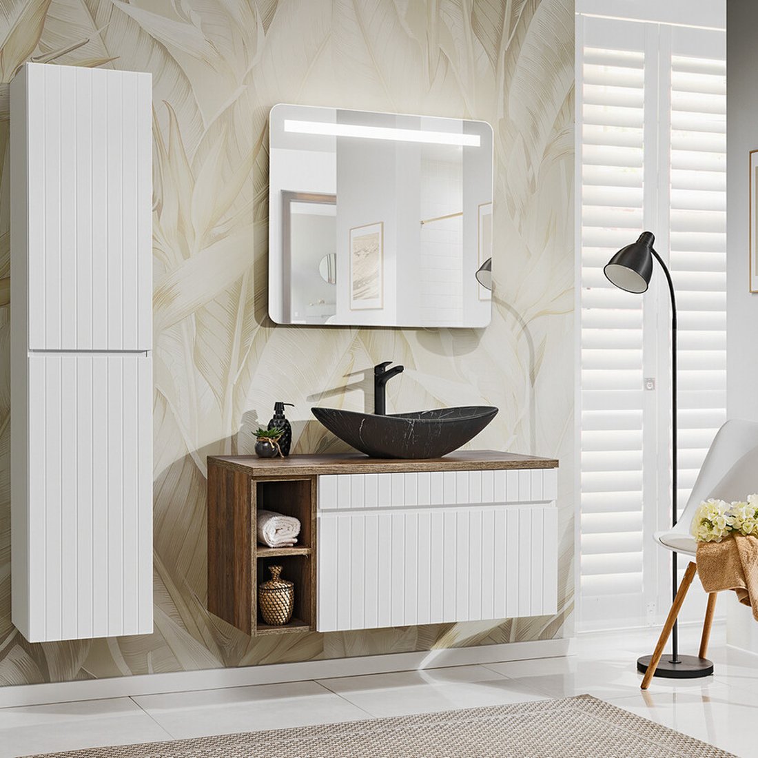 Iconic White fürdőszoba bútor – szögletes tükör, fekete mosdó