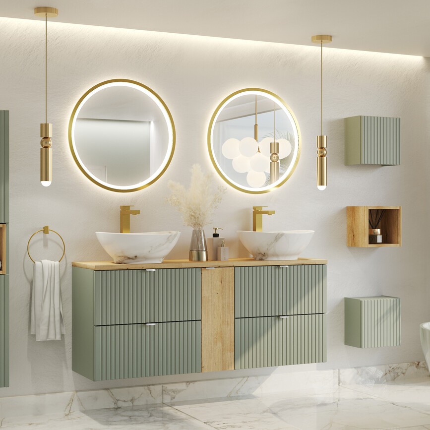 Line Reed Green fürdőszoba bútor – dupla mosdó, LED körfényes fürdőszobai tükör