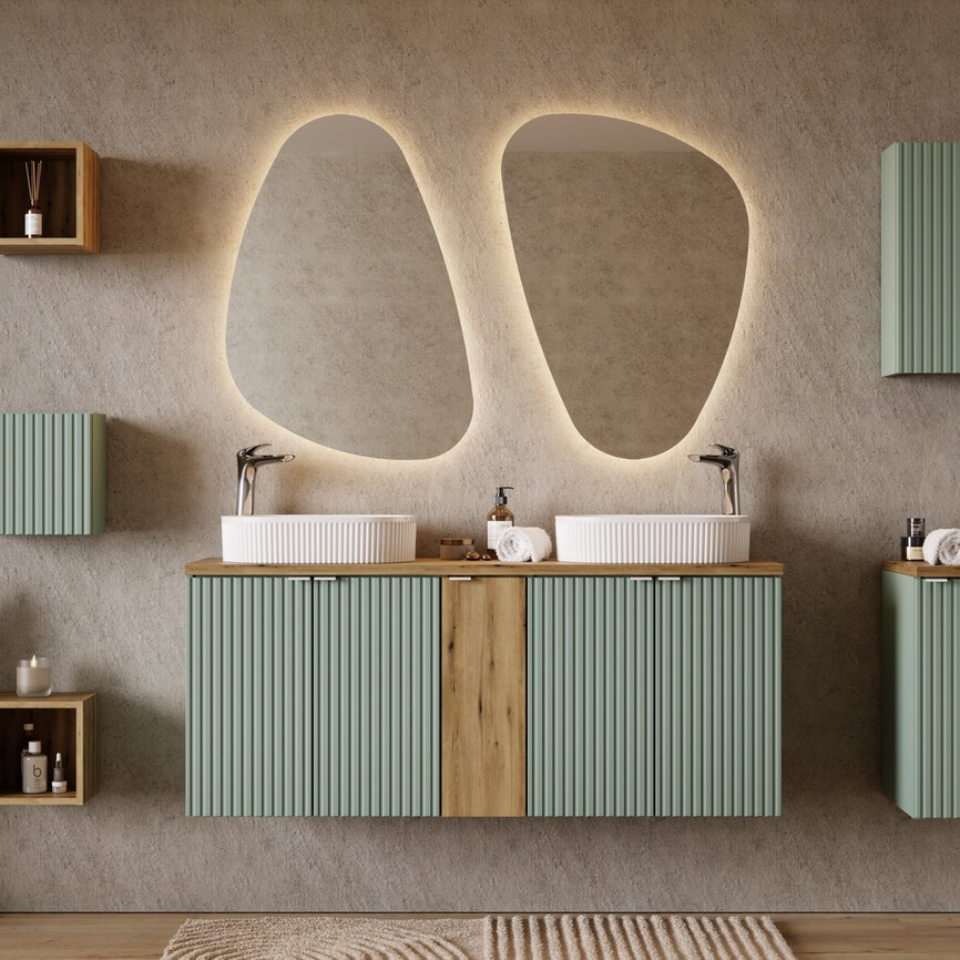 Line Reed Green fürdőszoba bútor – lebegő szekrény, két mosdó és organikus fürdőszobai tükör