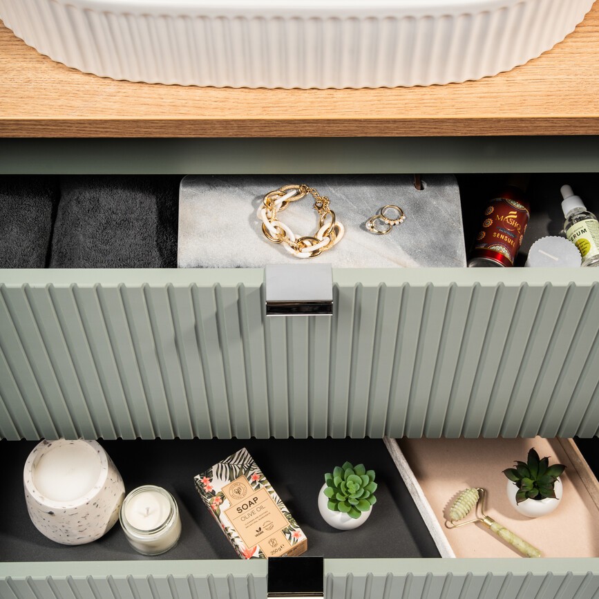 Fiókos Line Reed Green mosdós szekrény – rendezett tárolás a fürdőben