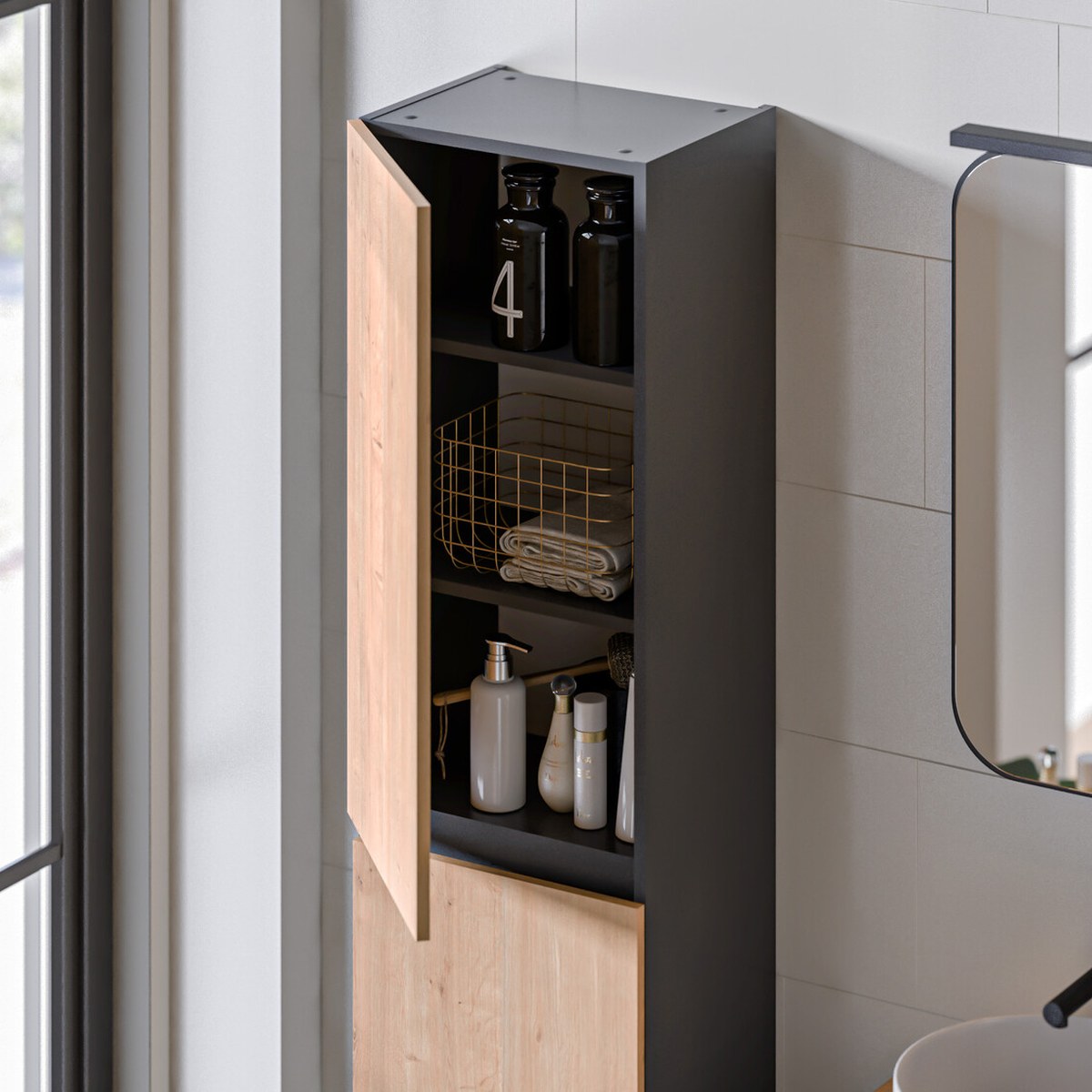 Monaco Grey magas szekrény belső polcos tárolással fürdőszoba bútorhoz