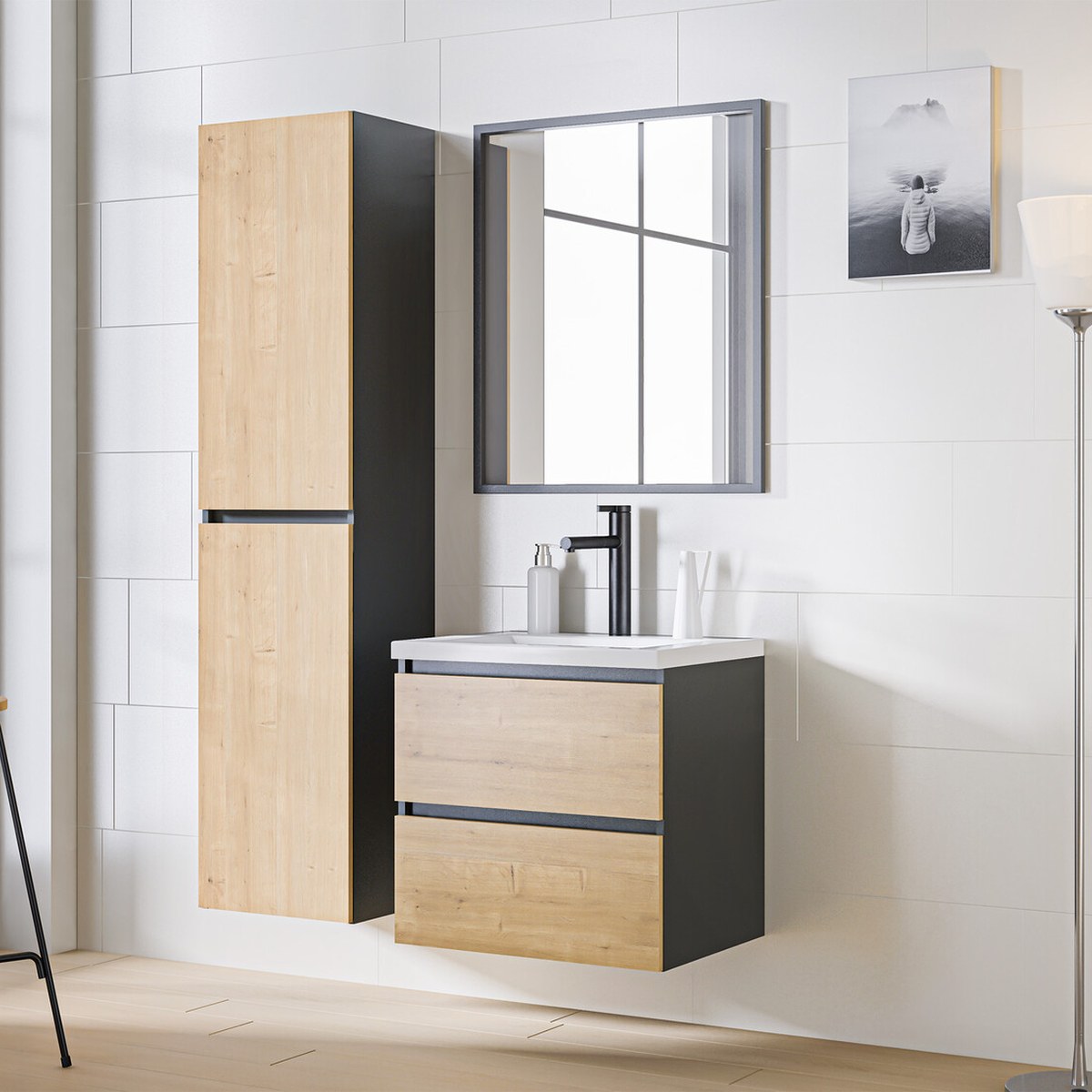 Monaco Grey fürdőszoba bútor mosdós szekrénnyel és tükörrel, rejtett fogantyúkkal