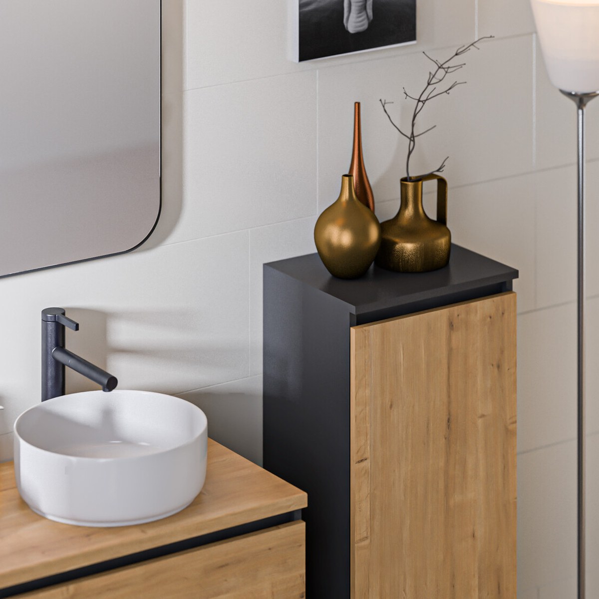 Kerámia tálmosdó a Monaco Grey fürdőszoba bútor tölgy munkalapján