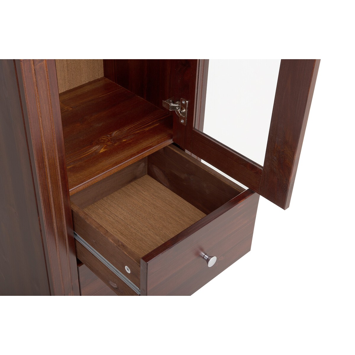 Retro fürdőszoba tükör fa kerettel – sarok részlet, finom mart díszítés