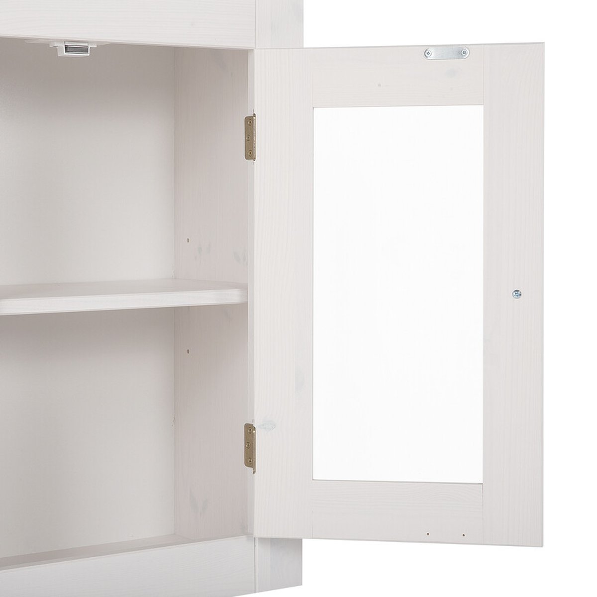 Romantic üveges fali szekrény nyitva, fehérre pácolt kerettel