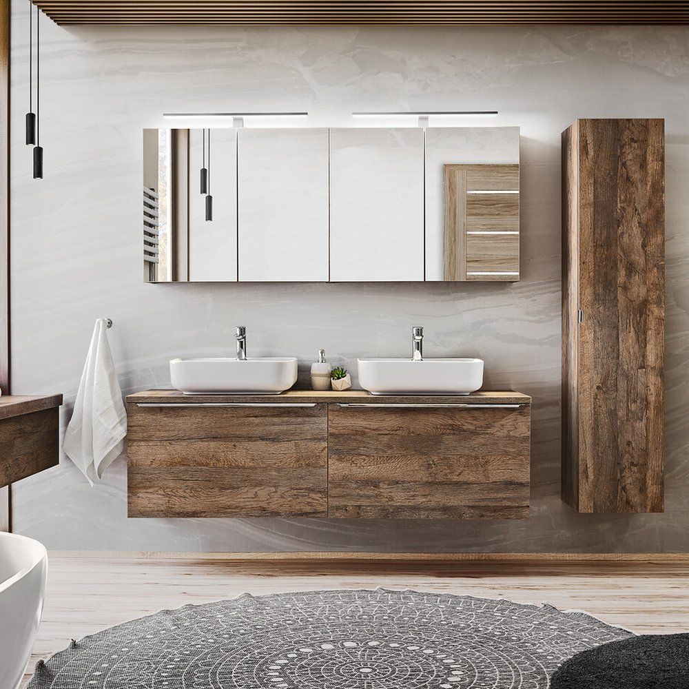 Dupla mosdós Santa Fe Oak szekrény tükörszekrénnyel