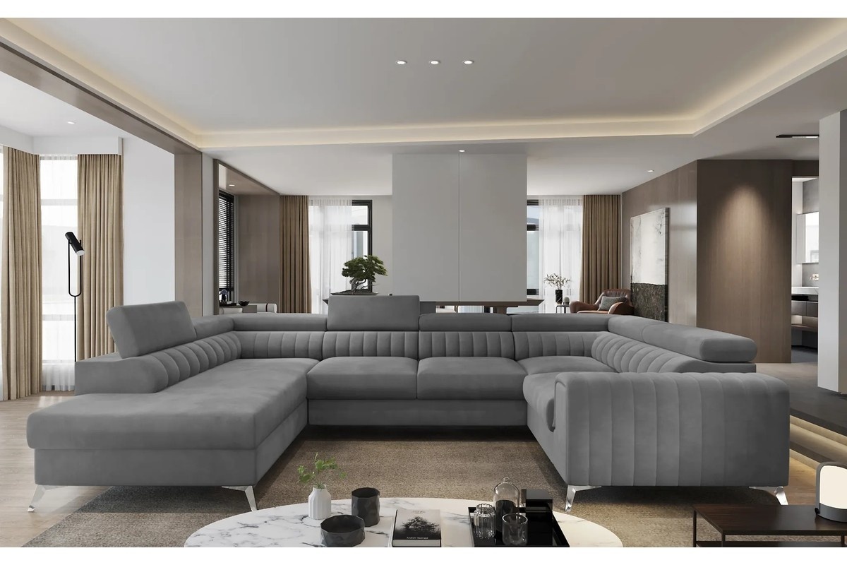 Szürke sarokgarnitúra modern nappaliban