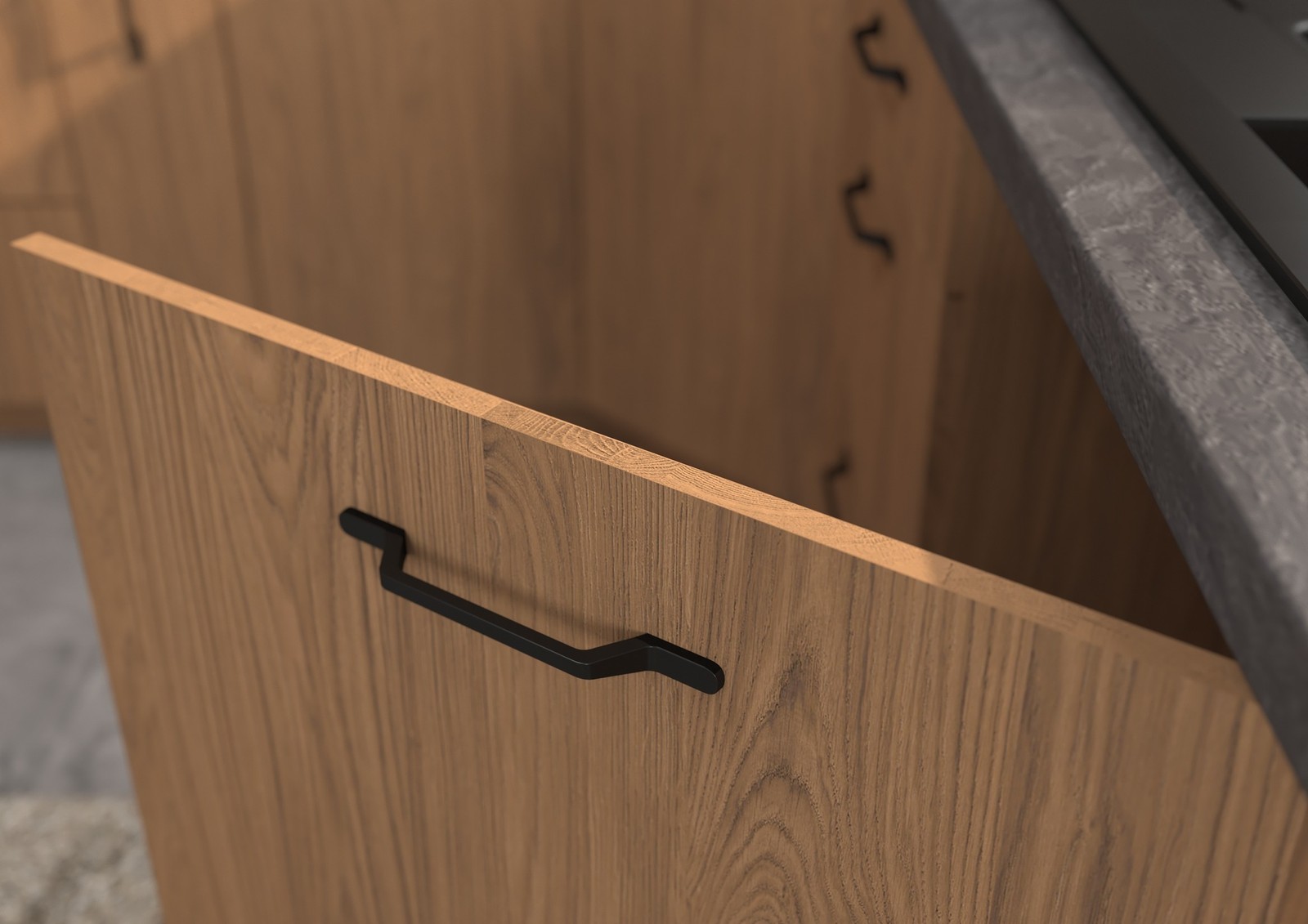 CELLE Elemes konyhabútor – igényes front élzárás dab casella dekorral, fekete modern fogantyúval