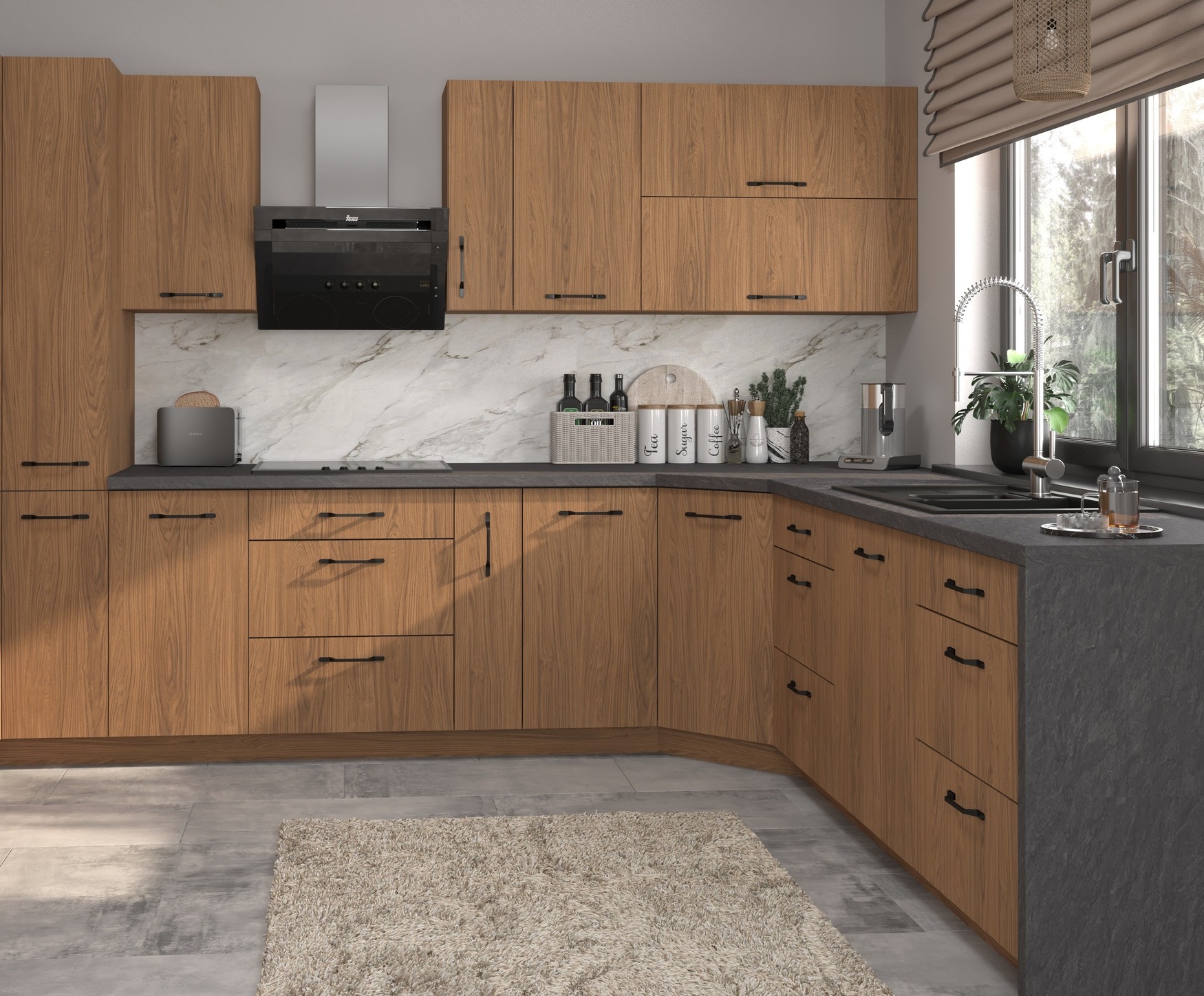 CELLE L-alakú Elemes konyhabútor dab casella brazowy fronttal, meleg dióbarna fa hatással