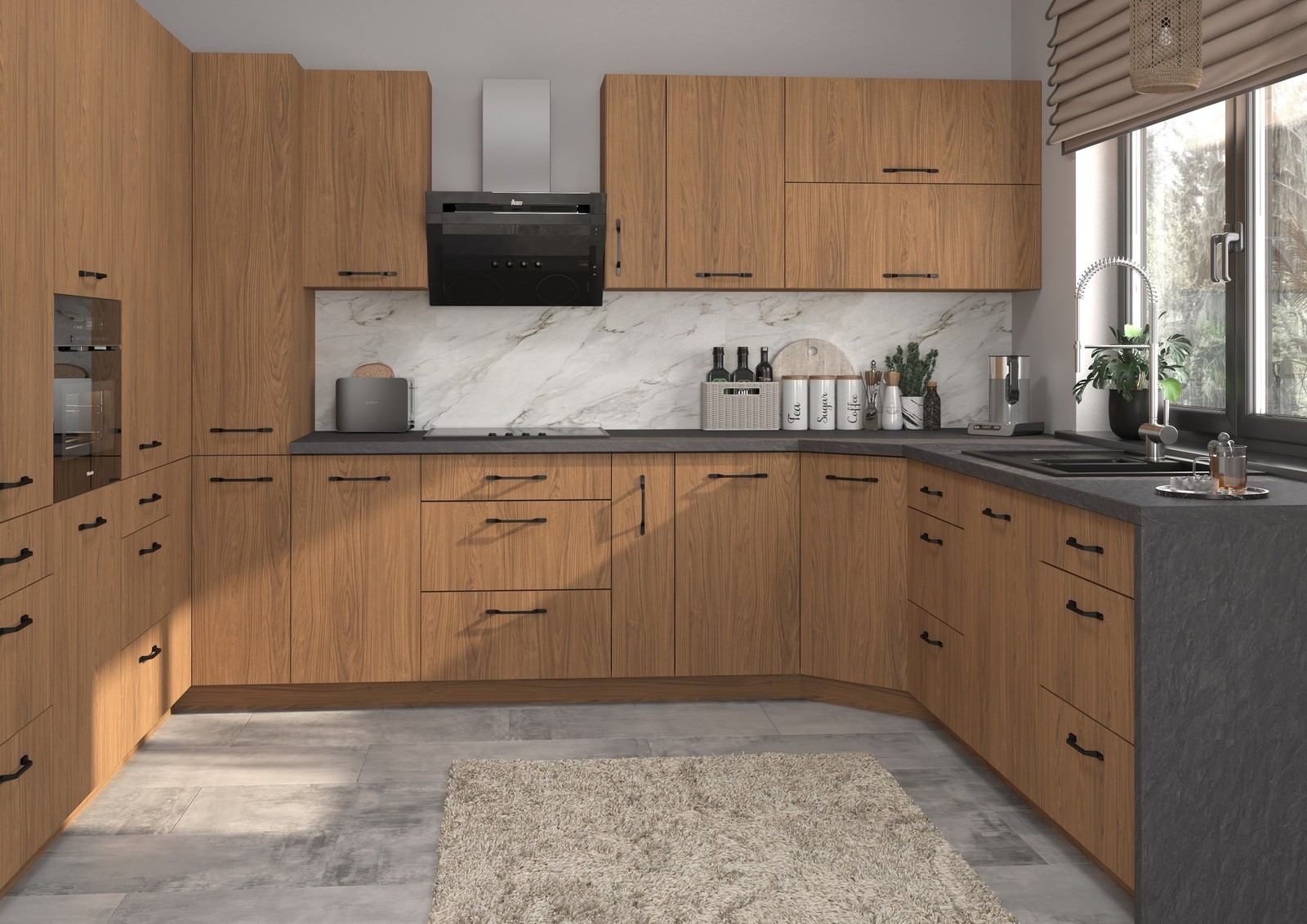 CELLE U-alakú konyhabútor dab casella brazowy fronttal, meleg dióbarna fa hatással