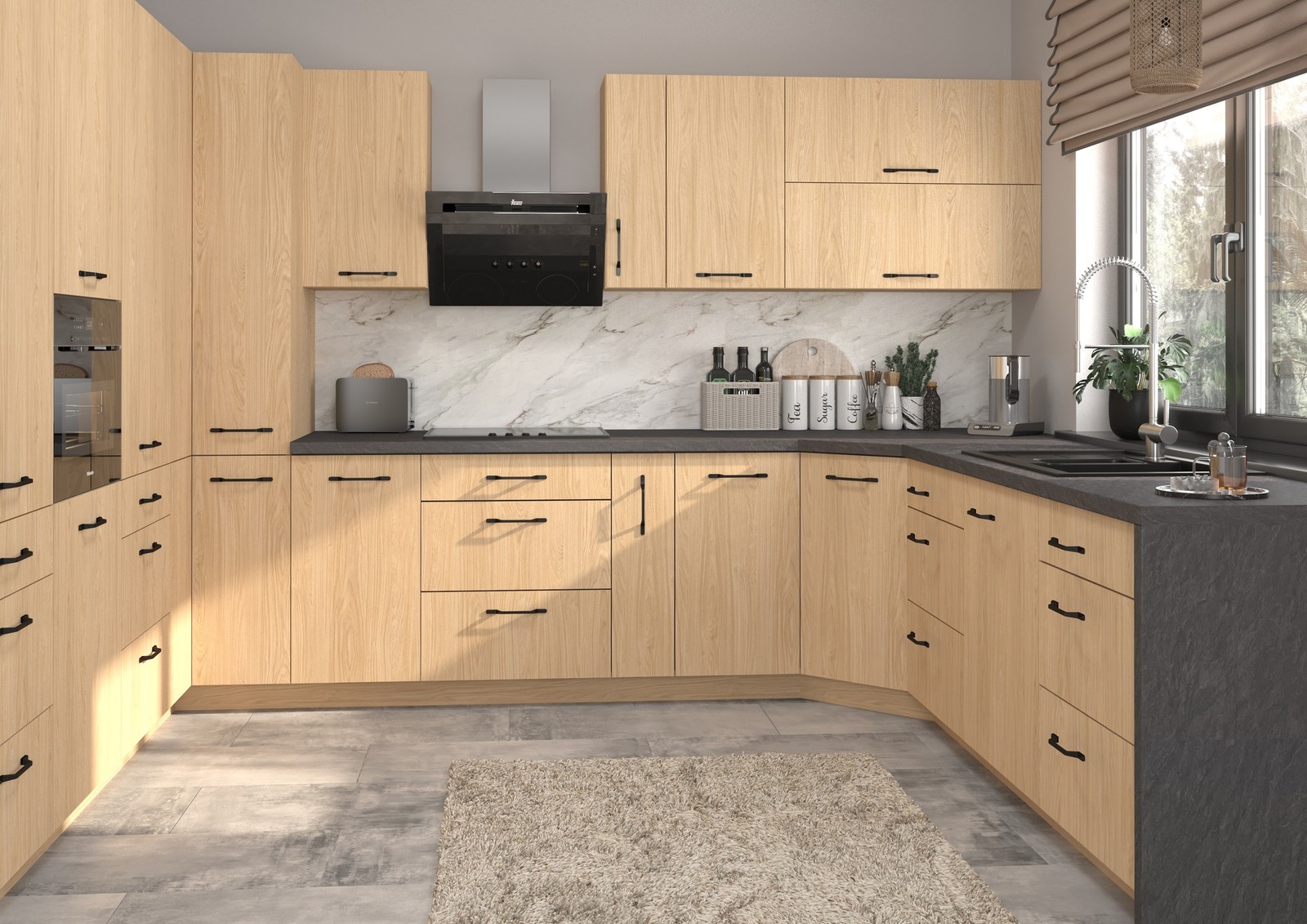 CELLE U-alakú konyhabútor dab casella naturalny jasny fronttal, világos tölgy hatással