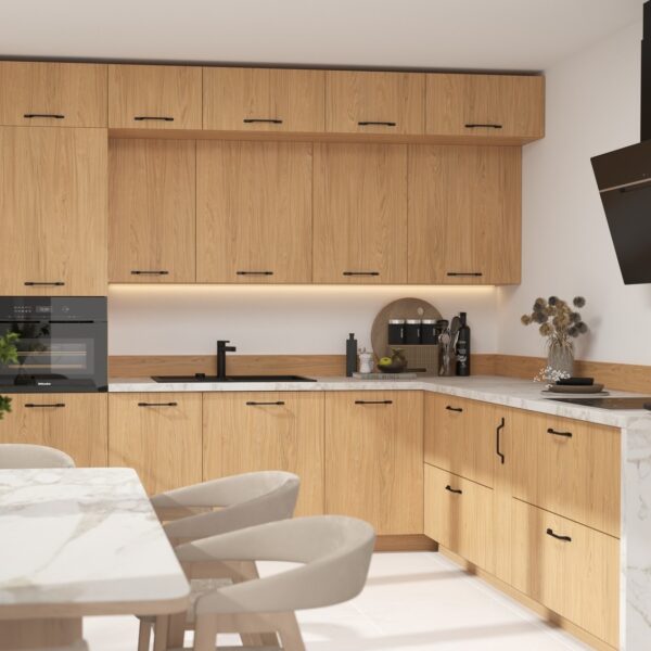 CELLE sarok Elemes konyhabútor dab casella naturalny fronttal, fekete fogantyúkkal és márványhatású hátfallal