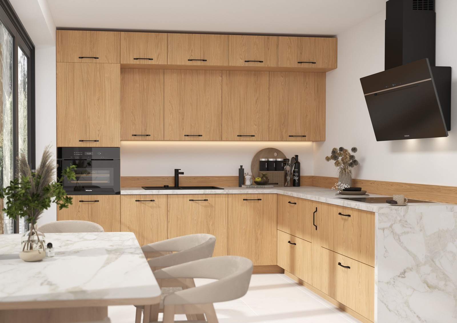 CELLE sarok Elemes konyhabútor dab casella naturalny fronttal, fekete fogantyúkkal és márványhatású hátfallal