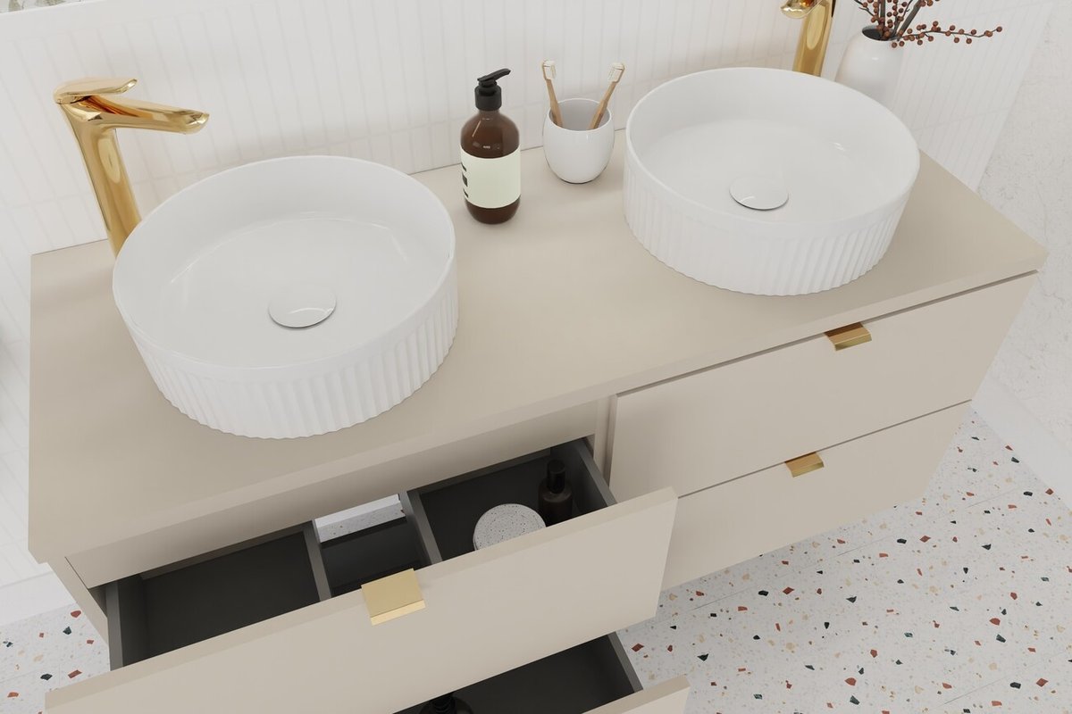 Két felültételes mosdó arany csapteleppel DALIA Kasmír mosdószekrényen