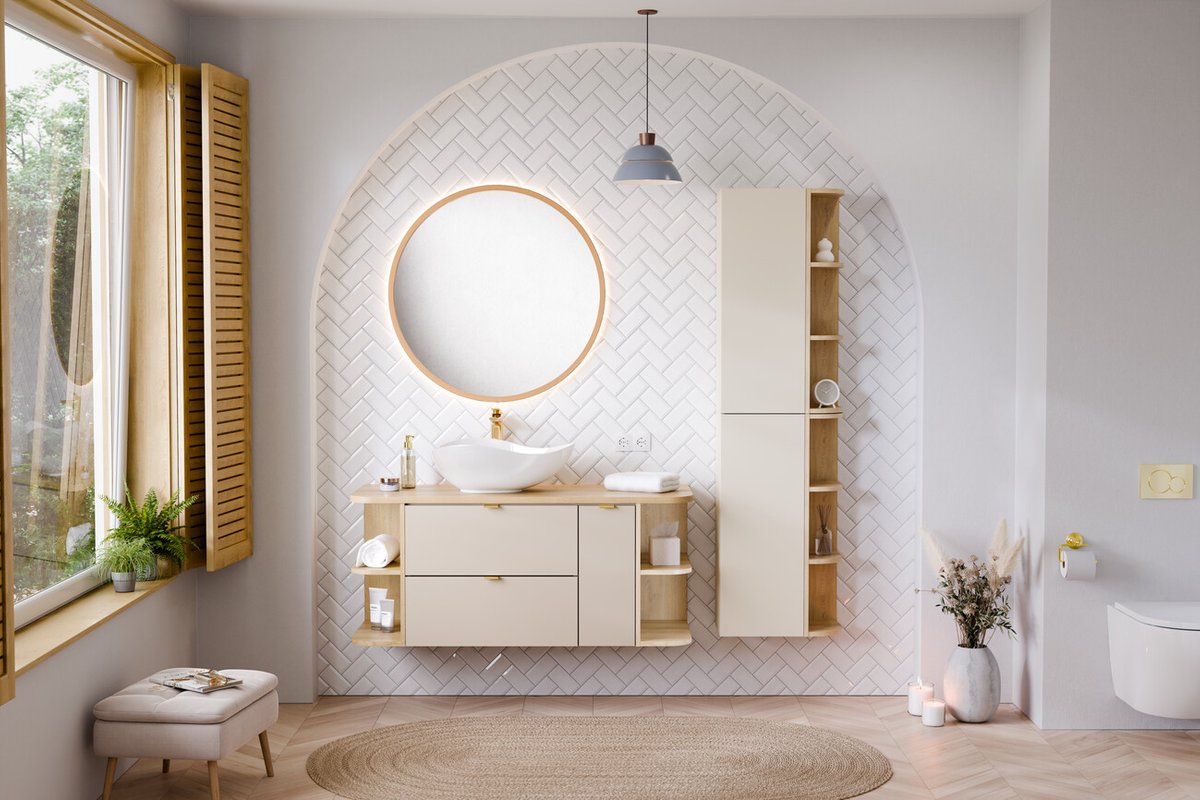 DALIA Kasmír fürdőszoba bútor szett kerek tükörrel és lebegő mosdószekrénnyel