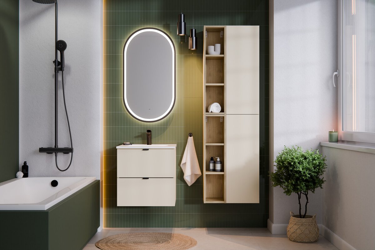 DALIA Kasmír fürdőszoba szett zöld falburkolattal és ovális LED tükrrel