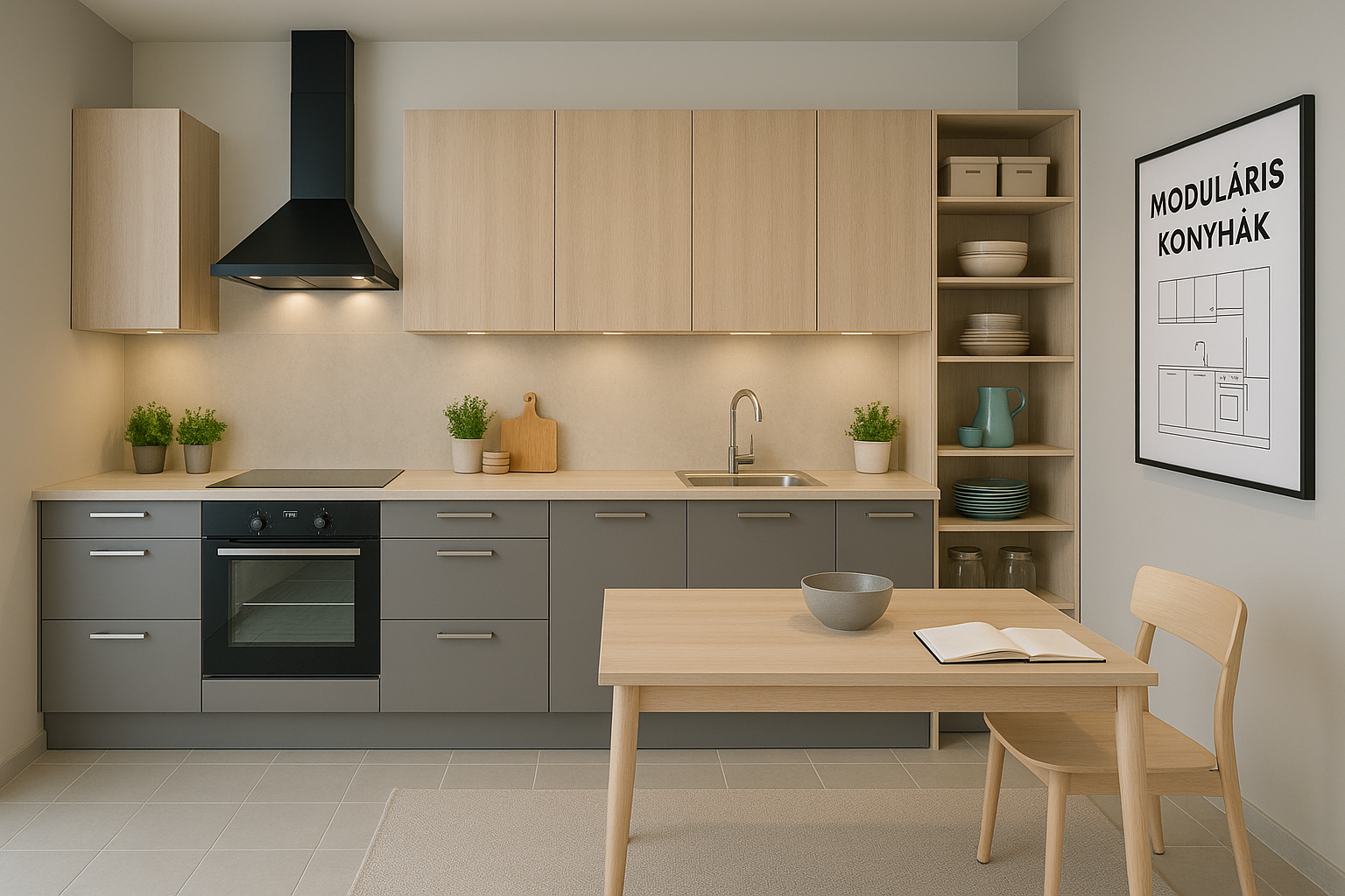 Tudástár Világos, modern moduláris konyha fa és szürke frontokkal, beépített sütővel és minimalista étkezőasztallal