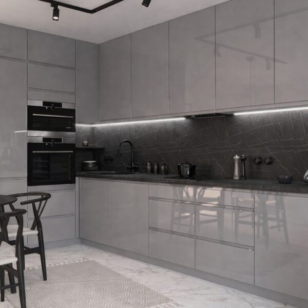 CARRINI GREY sarok elemes konyhabútor modern enteriőrben