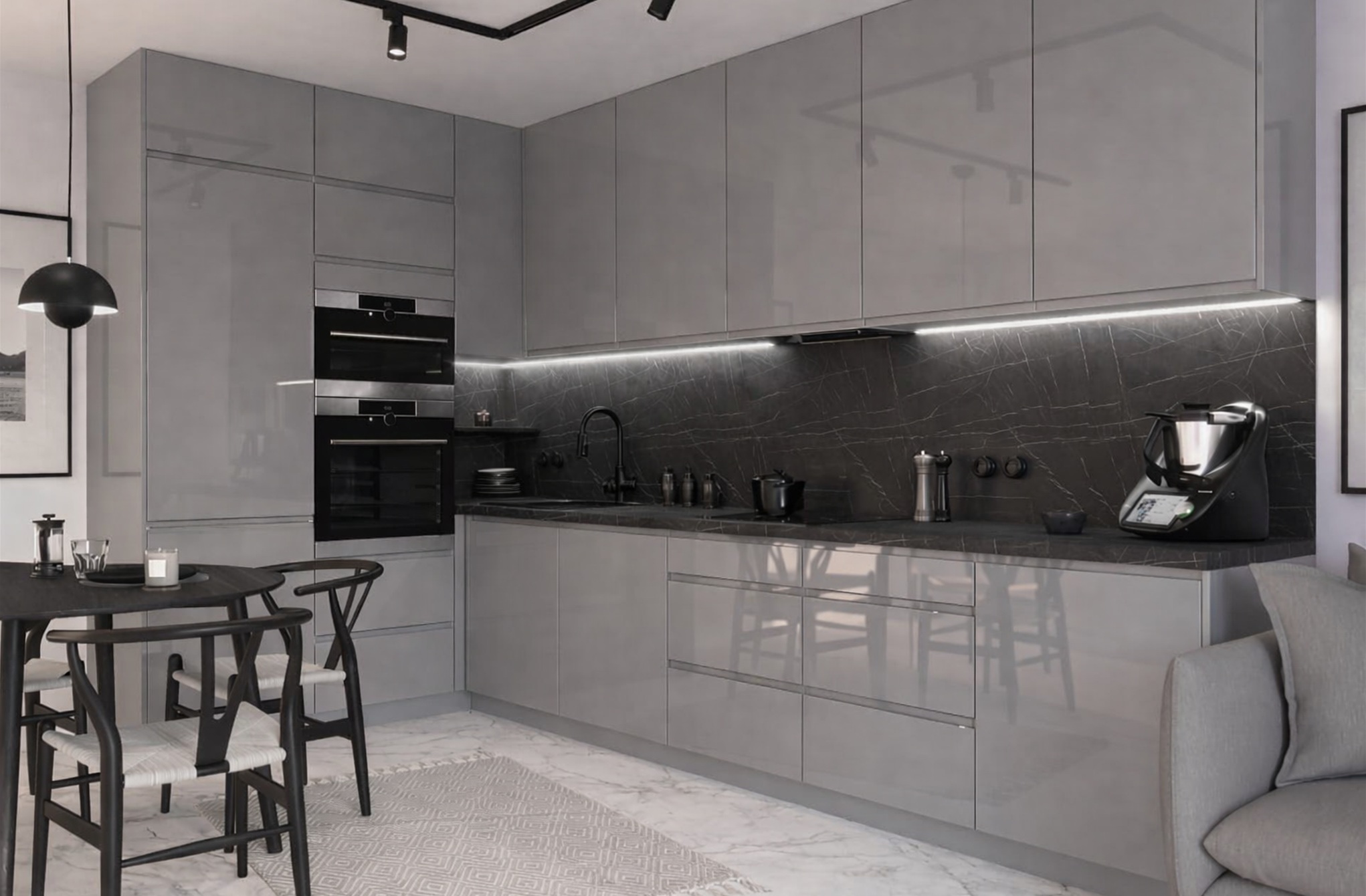 CARRINI GREY elemes sarok konyhabútor modern enteriőrben
