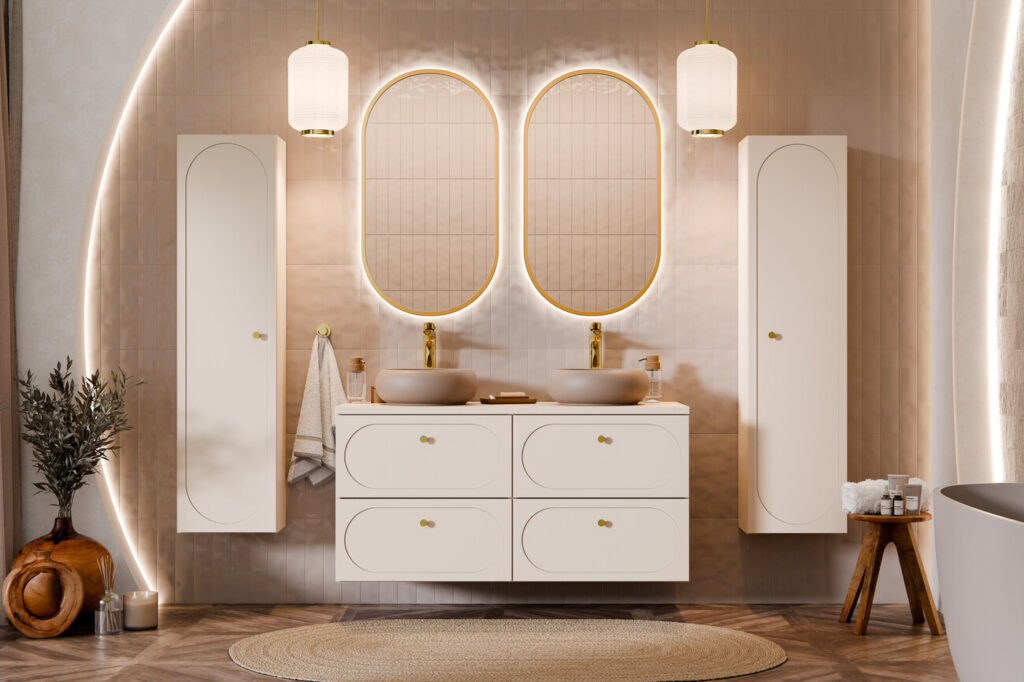 DONNA SAND dupla mosdós fürdőszoba bútor szett két magas szekrénnyel