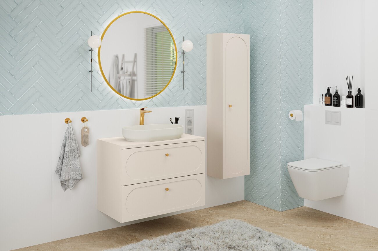 DONNA SAND fürdőszoba bútor szett kék halszálka csempefallal