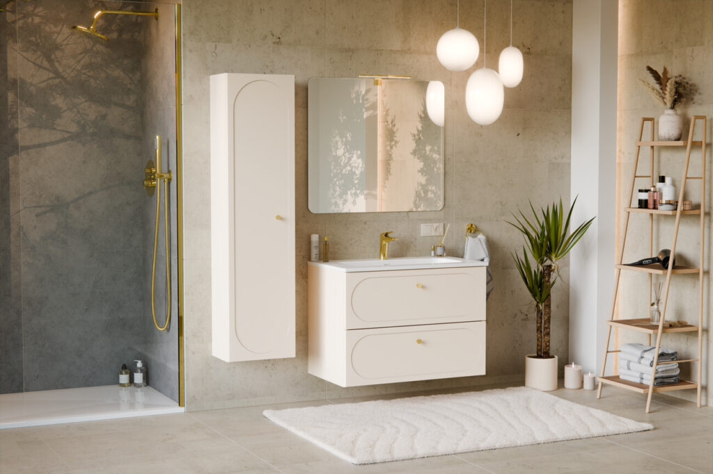 DONNA SAND fürdőszoba bútor szett zuhanyzóval és fali mosdószekrénnyel
