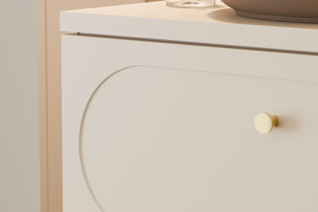 DONNA SAND fürdőszoba bútorfront lekerekített díszmarással és arany gombfogantyúval