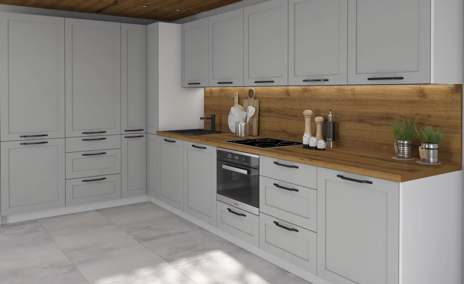 OPTIMUM DUST GREY elemes konyhabútor sarokkonyha – modern elrendezés fa hátfallal