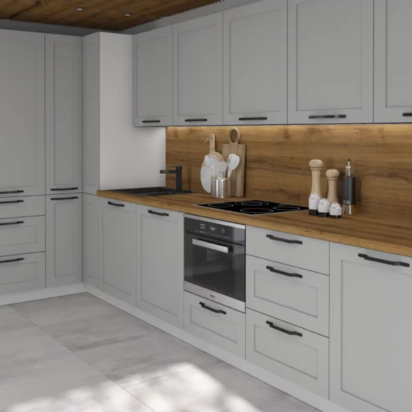 OPTIMUM DUST GREY elemes konyhabútor sarokkonyha – modern elrendezés fa hátfallal