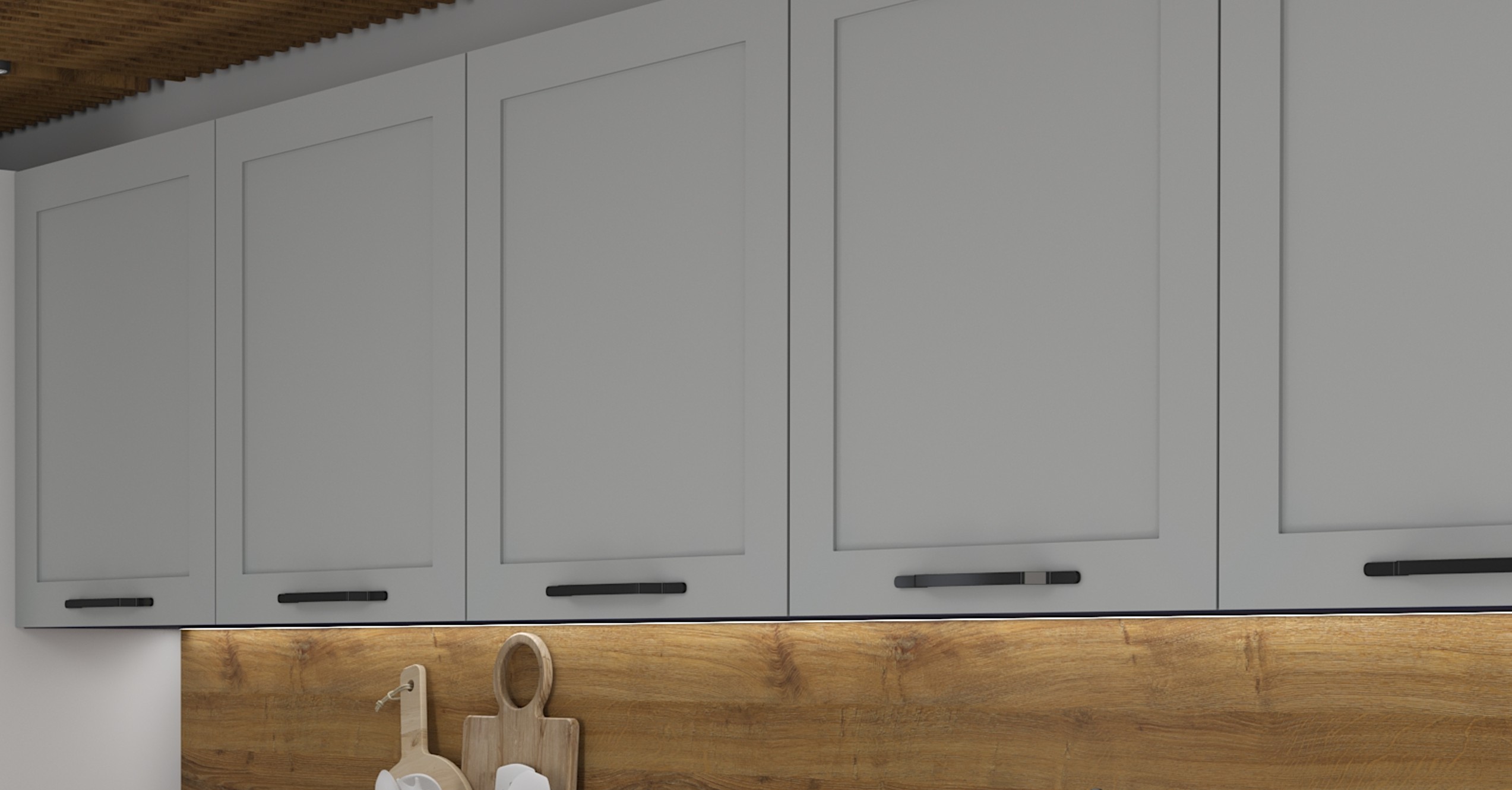 OPTIMUM DUST GREY felső szekrények közeli részlet fa hátfallal