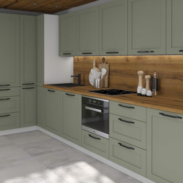 OPTIMUM GREEN elemes sarokkonyha fa munkalappal és beépített sütővel