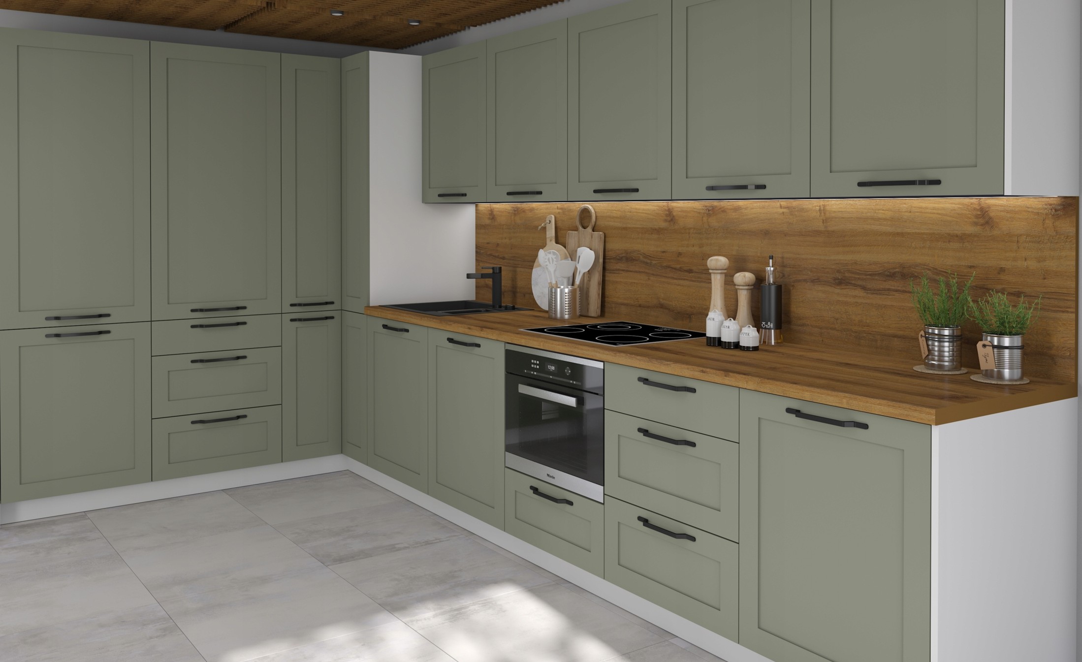 OPTIMUM GREEN elemes sarokkonyha fa munkalappal és beépített sütővel