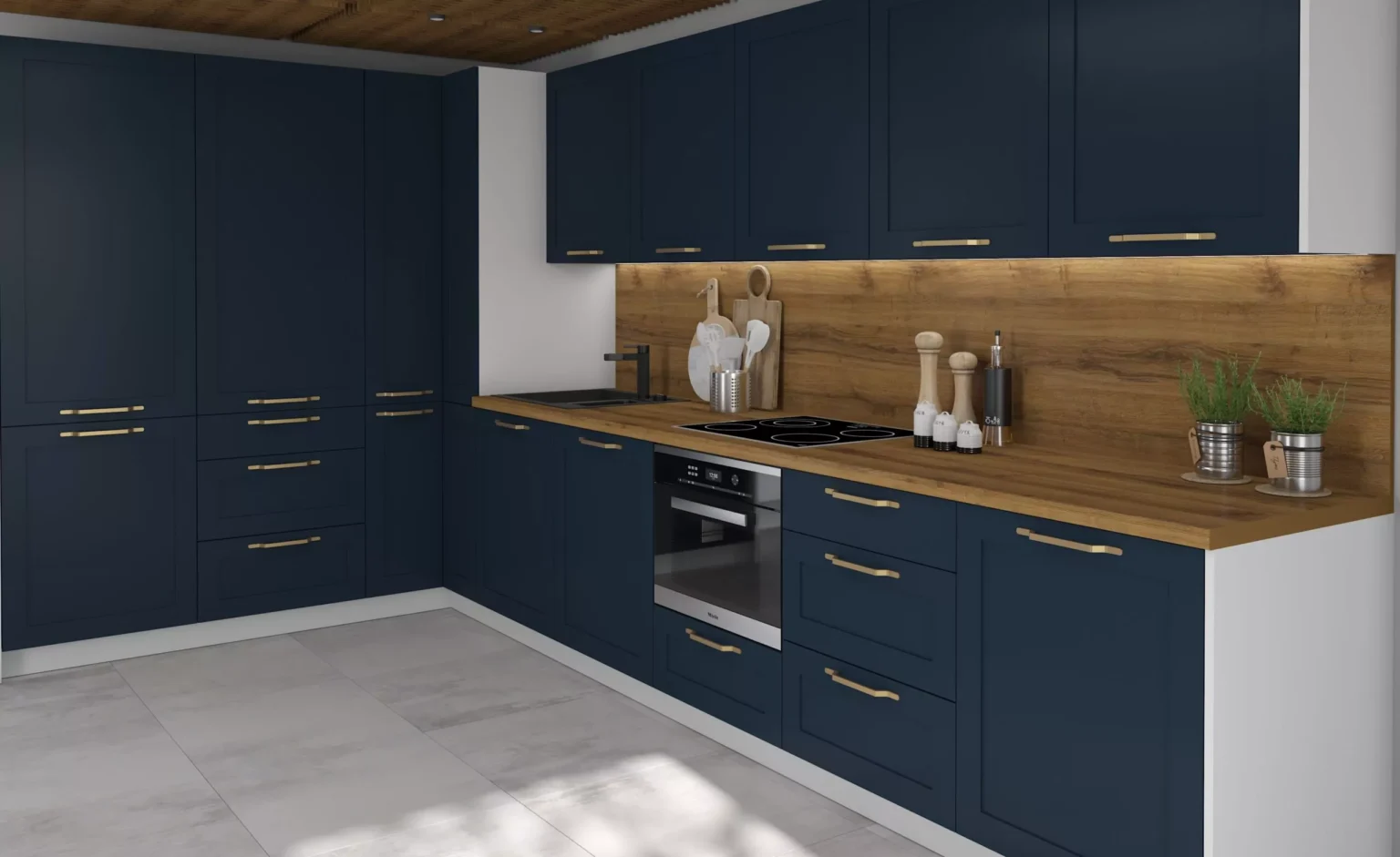 OPTIMUM INDYGO elemes konyhabútor sarokkonyha – sötétkék frontok fa munkalappal