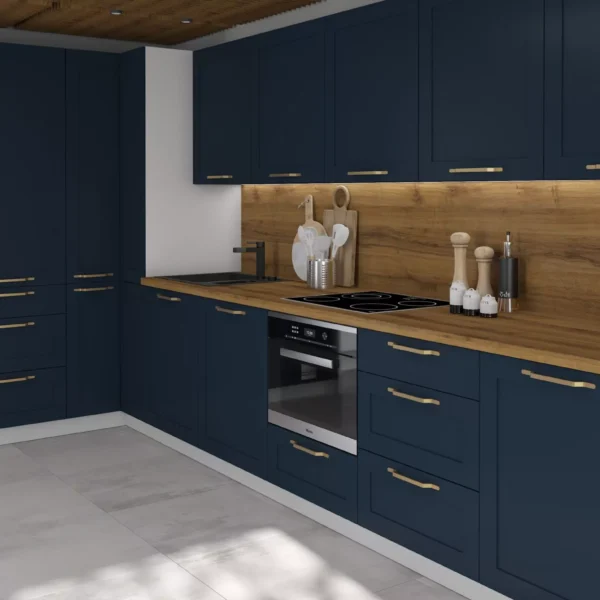 OPTIMUM INDYGO elemes konyhabútor sarokkonyha – sötétkék frontok fa munkalappal