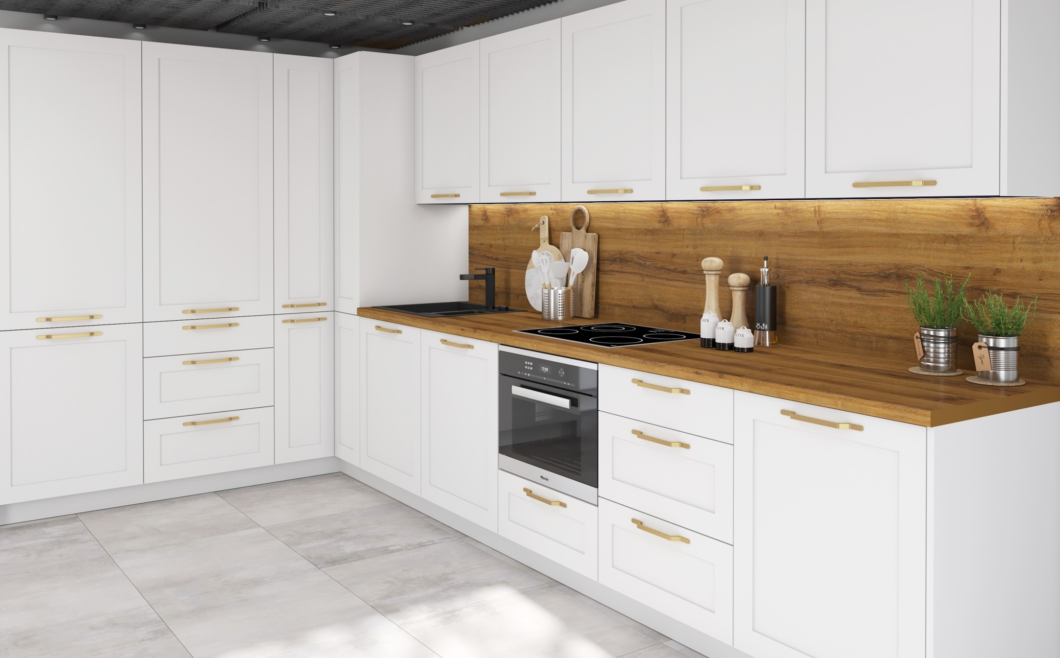 OPTIMUM FEHÉR elemes konyhabútor – modern elrendezés fa hátfallal