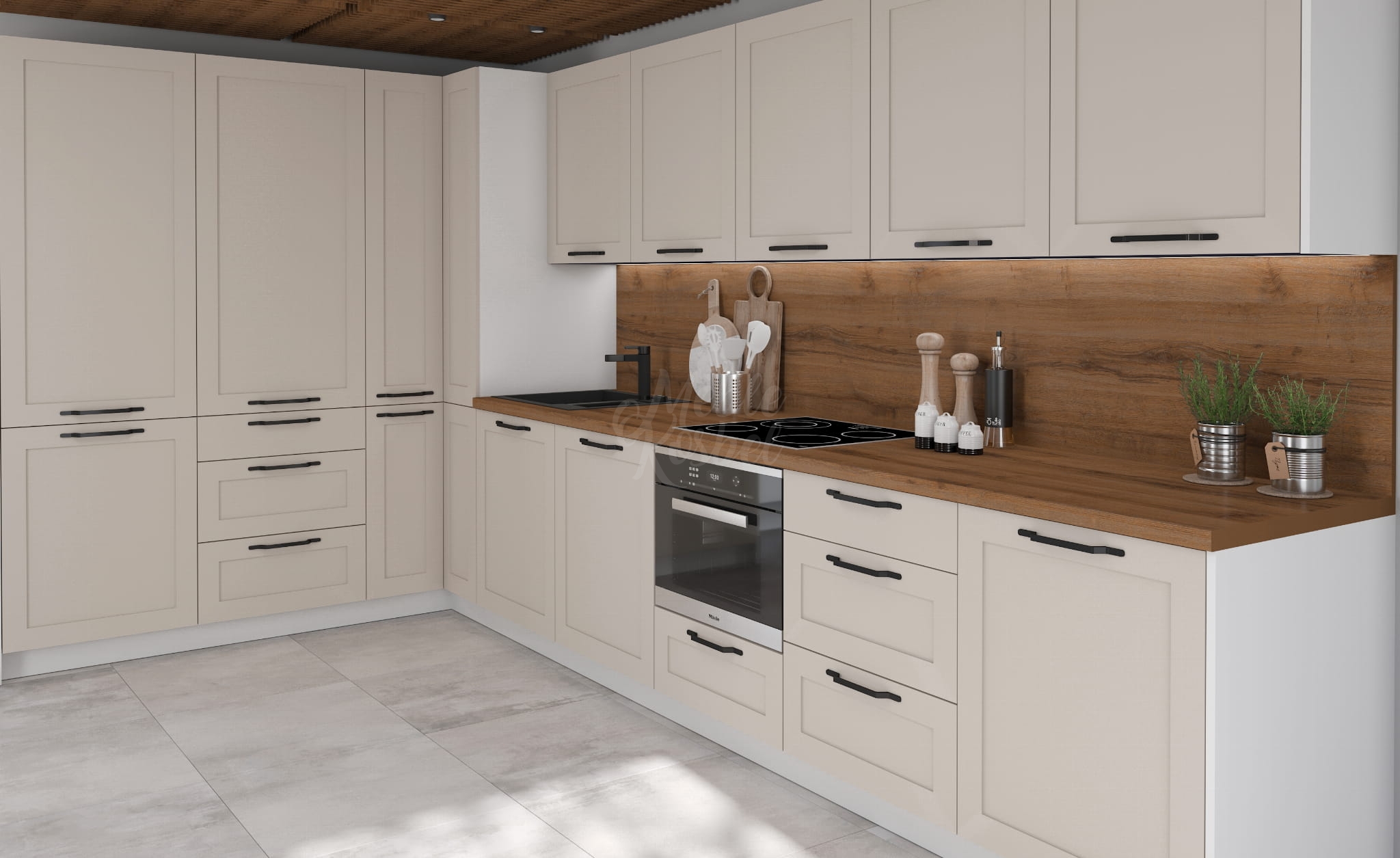 OPTIMUM KASZMIR elemes konyhabútor sarokkonyha – modern elrendezés fa hátfallal