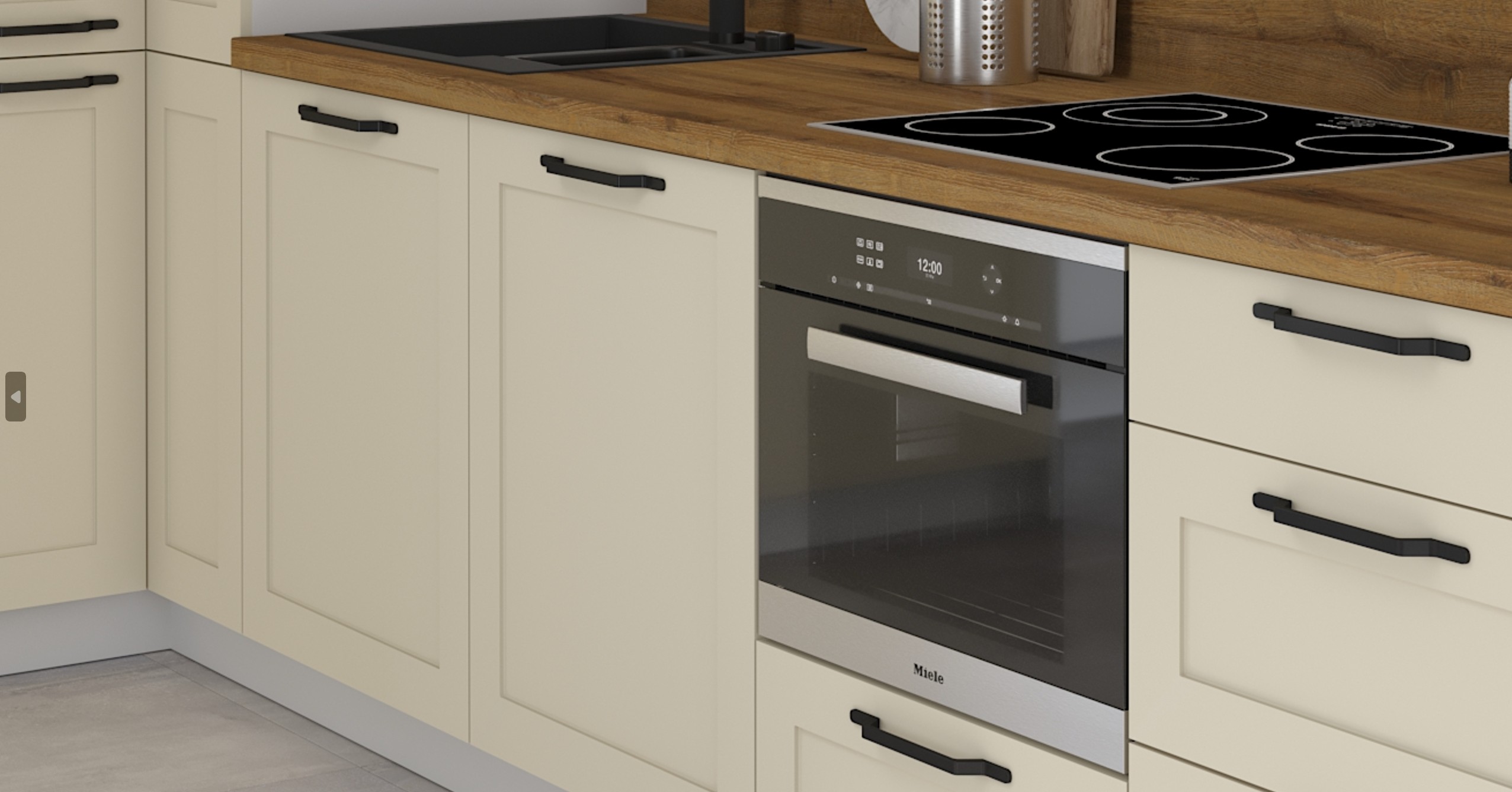 OPTIMUM KASZMIR konyhabútor közeli részlet fa munkalappal és beépített sütővel