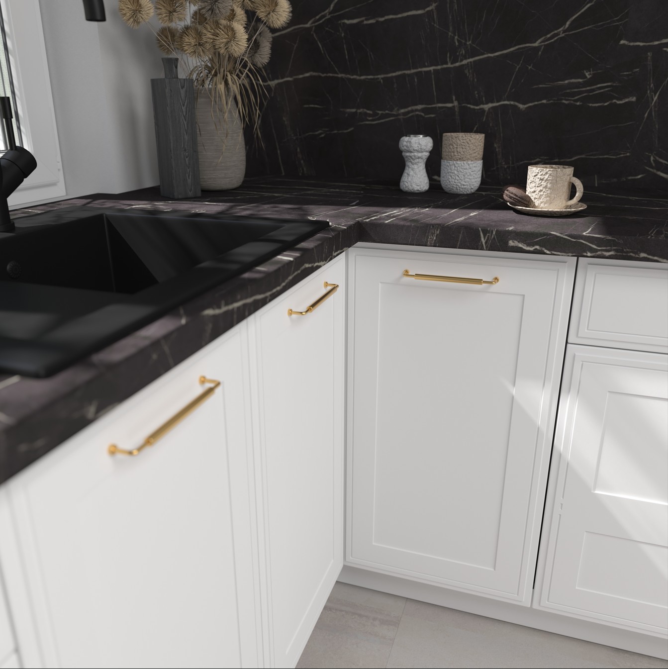 SIGNUM elemes konyhabútor front közeli részlet – MDF keretes ajtó