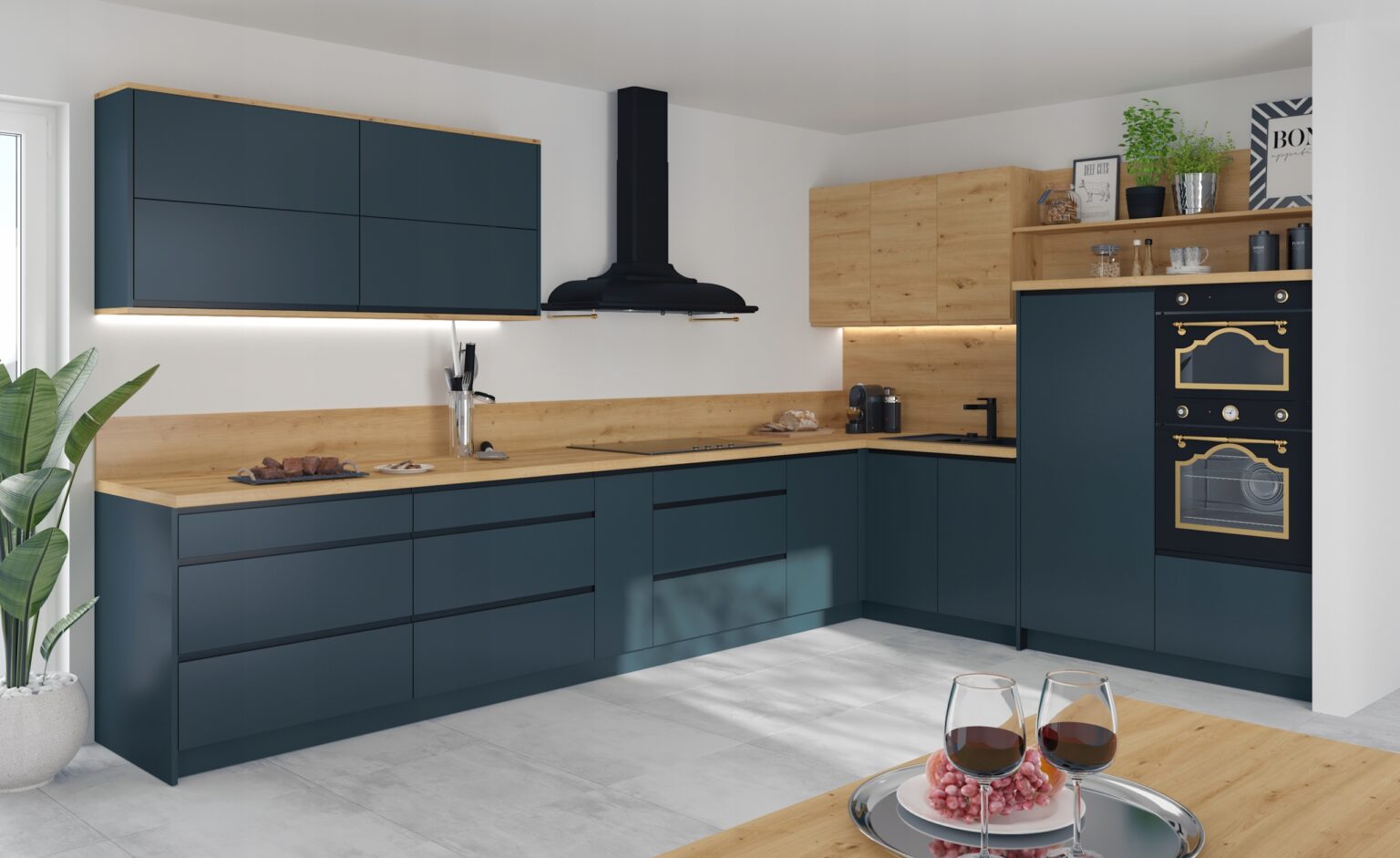 VELDEN kék elemes konyhabútor – világos, modern sarok konyha